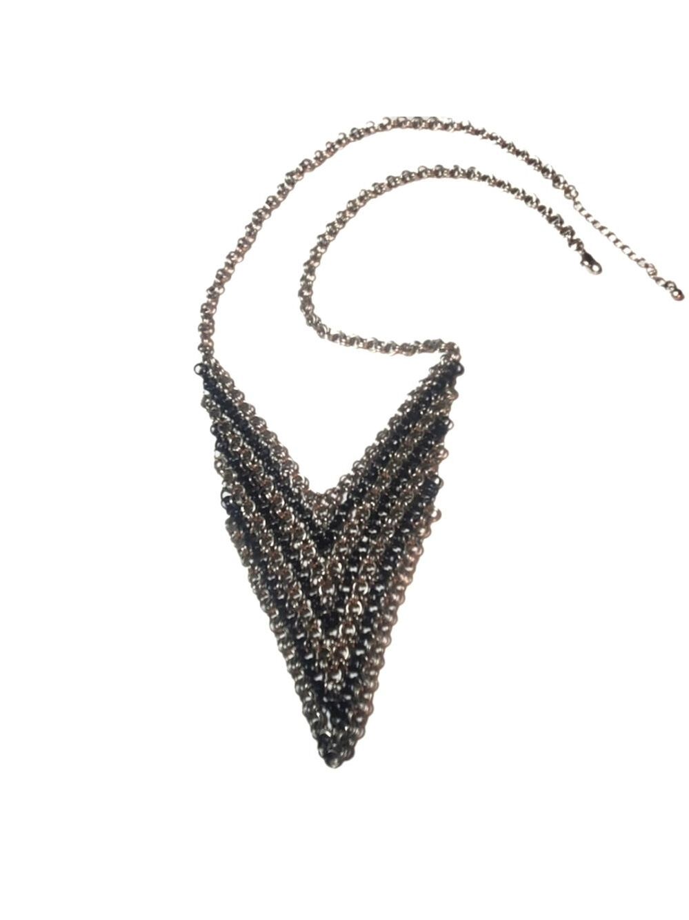 Metal Chevron Necklace Silver & Black Tone Statement Necklace